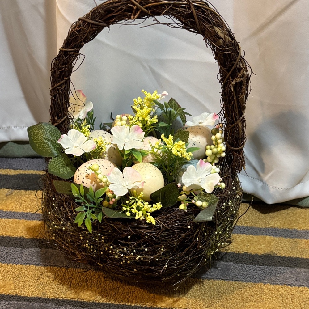 Easter Rustic Floral Basket with White and Yellow Accents